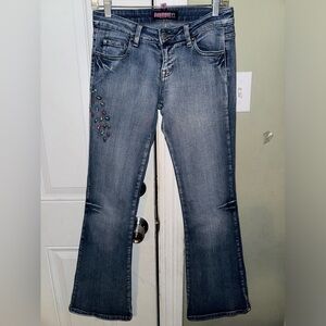 Y2K Low Rise Bubblegum Flare Leg Peacock Detail Denim Pants Sz 3/4 NWOT